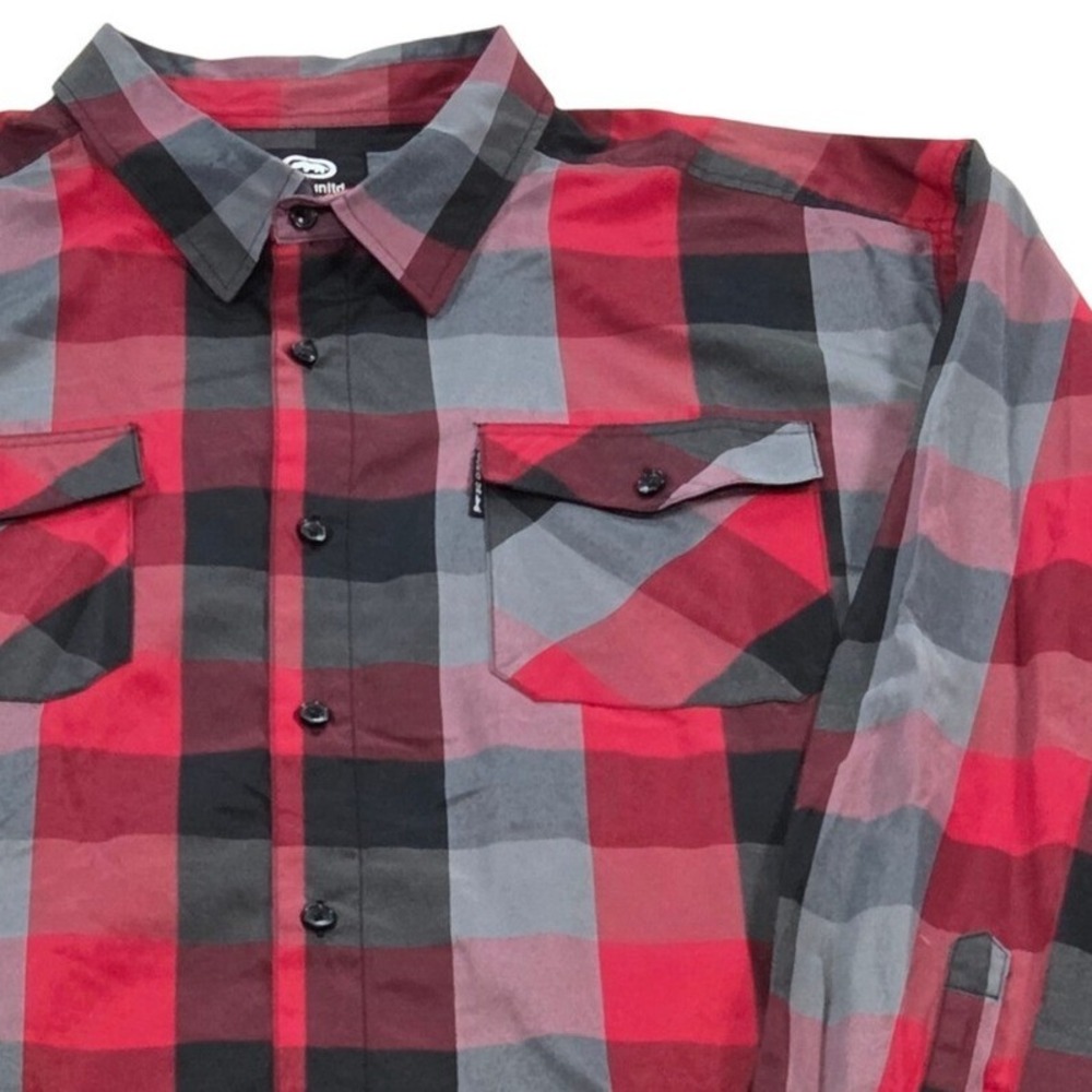 Ecko Unltd. Mens 2XL Button Up Plaid‎ Shirt Long Sleeve Red Gray Black